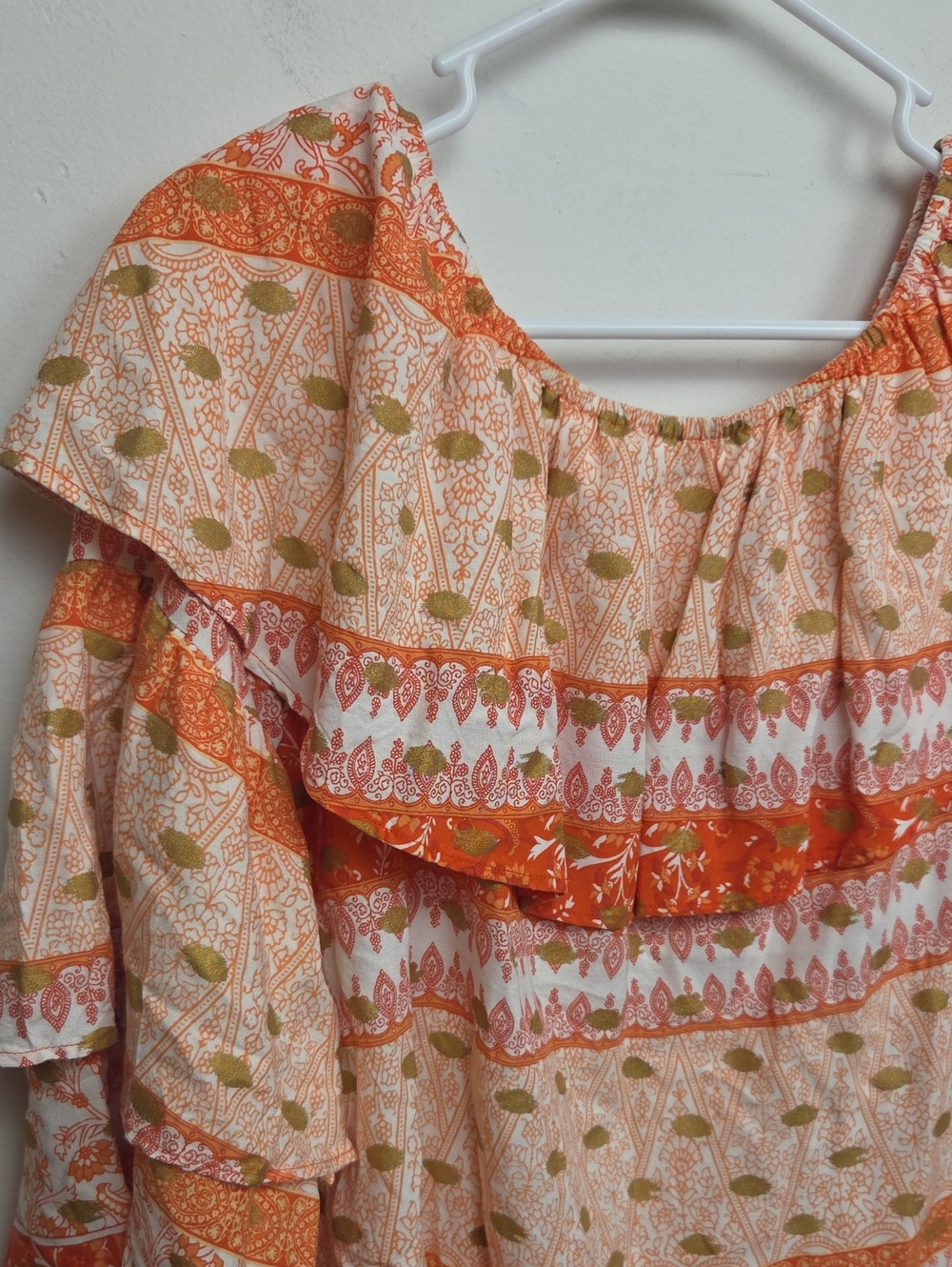 Boho Floral Paisley Off Shoulder Ruffle Blouse Coral Orange Peasant Top Medium - Picture 5 of 10